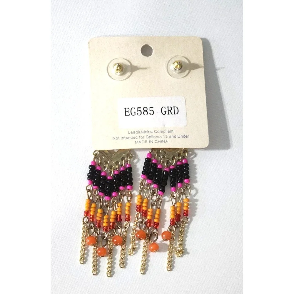 Miss C Native American Dangle‎ Earrings Oval Shape Beaded Surgical Steel